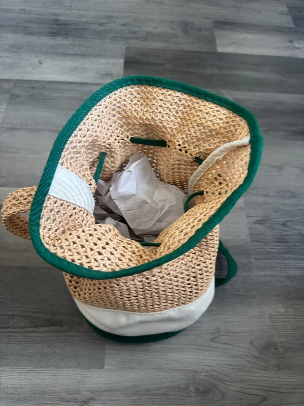 Rosie Assoulin x Target Straw & Cream Drawstring Bag w/Green Trim& Handle NWT